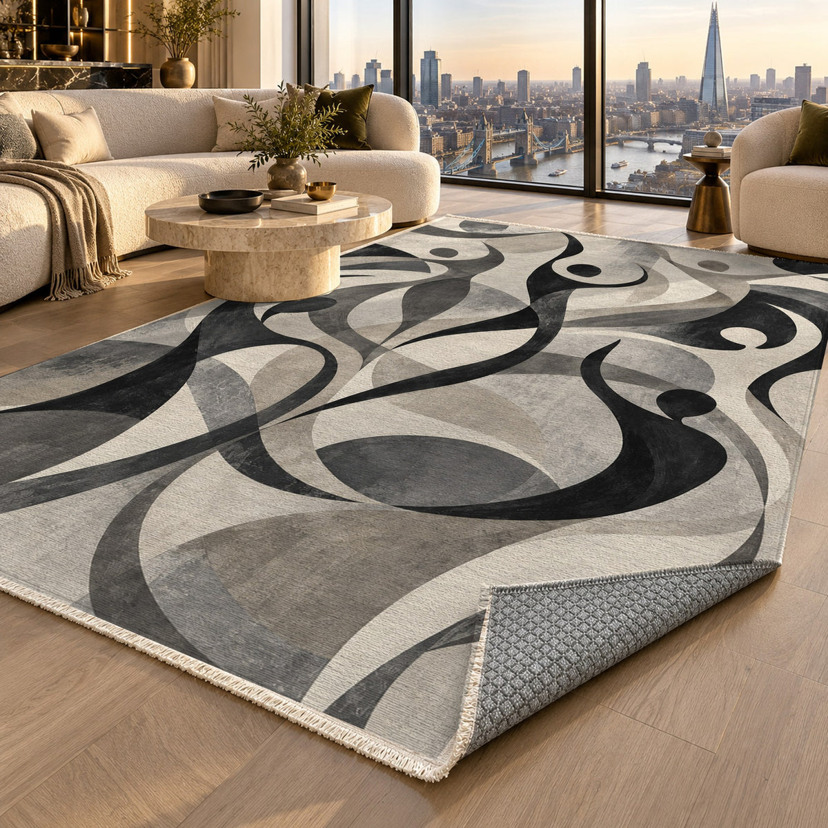 Dancing Lines Charcoal Abstract Washable Rug — london luxury living