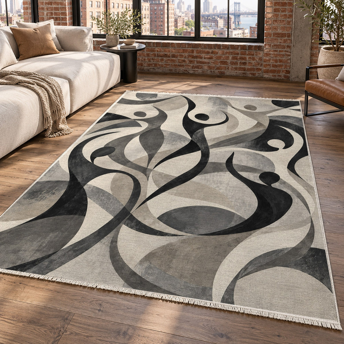 Dancing Lines Charcoal Abstract Washable Rug — new york living