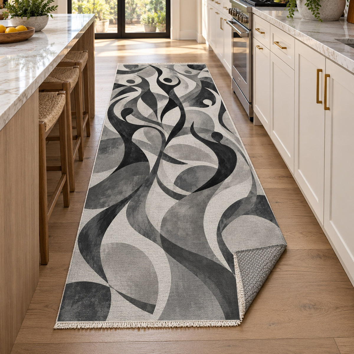 Dancing Lines Charcoal Abstract Washable Rug — new york kitchen runner