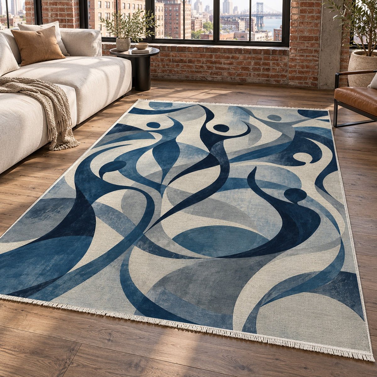 Dancing Lines Indigo Abstract Washable Rug — new york living