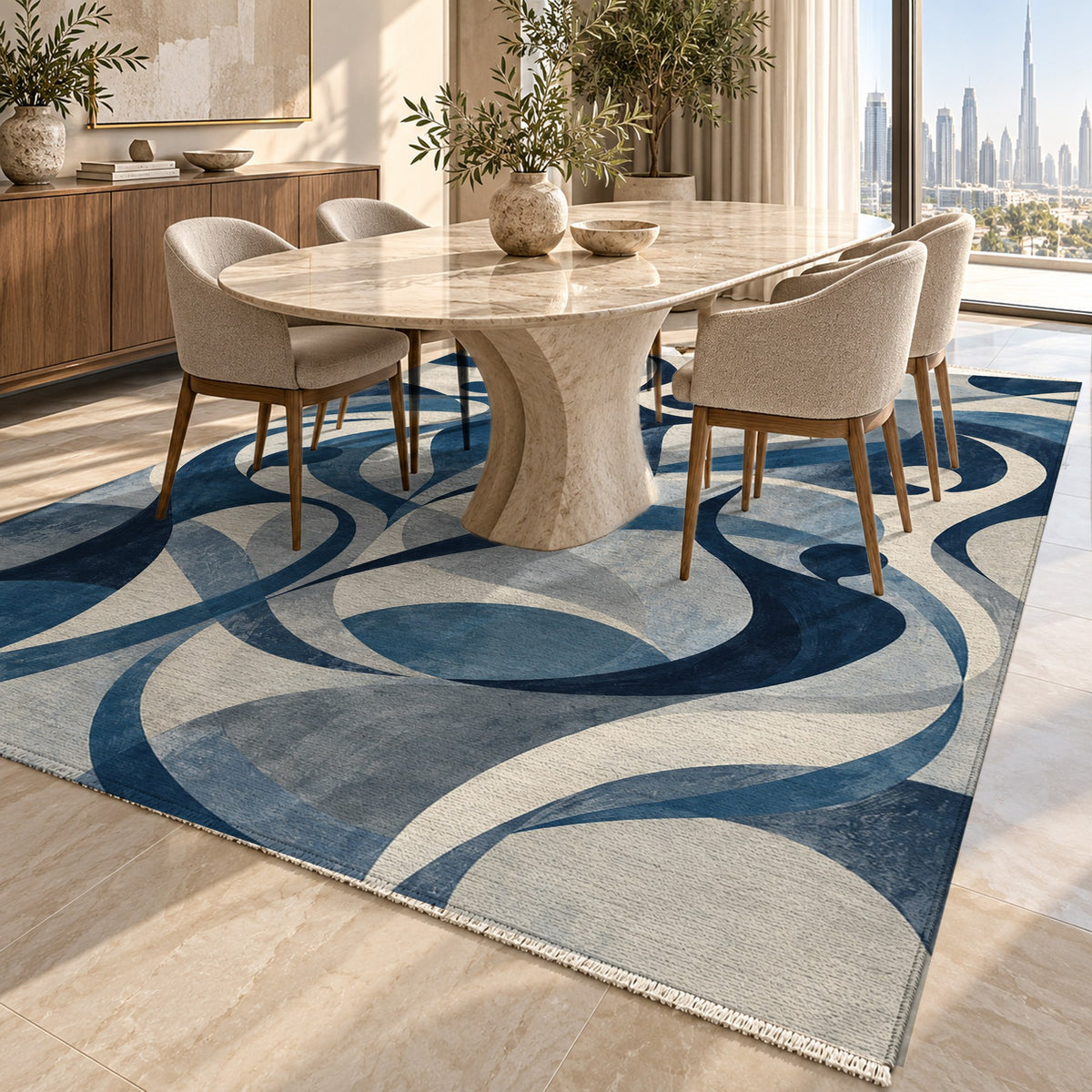 Dancing Lines Indigo Abstract Washable Rug — dubai dining