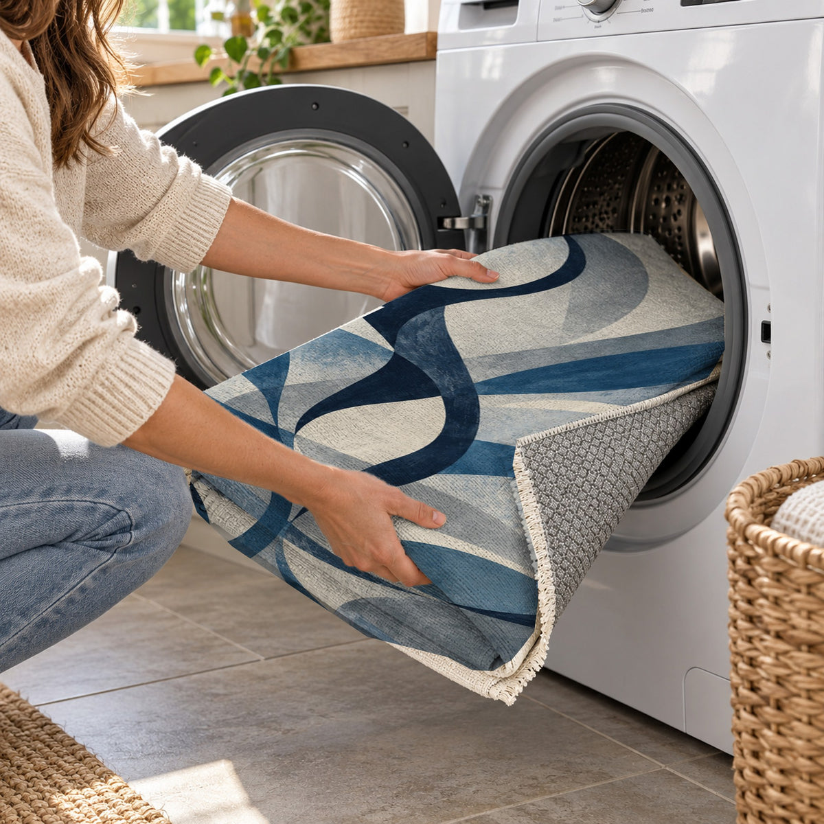 Dancing Lines Indigo Abstract Washable Rug — washing machine