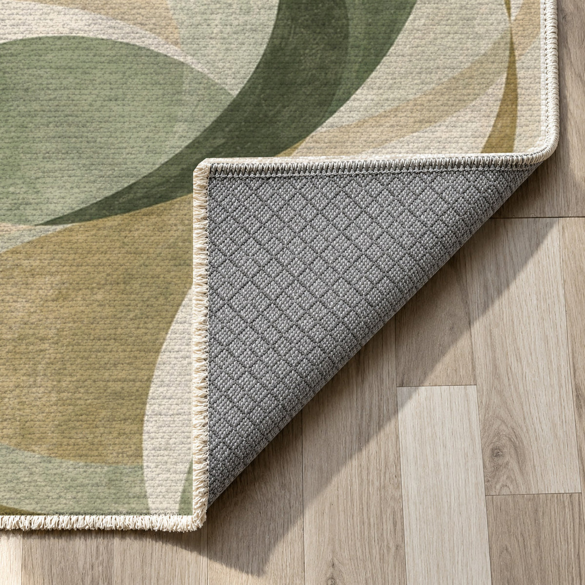 Dancing Lines Sage Abstract Washable Rug — backing close up