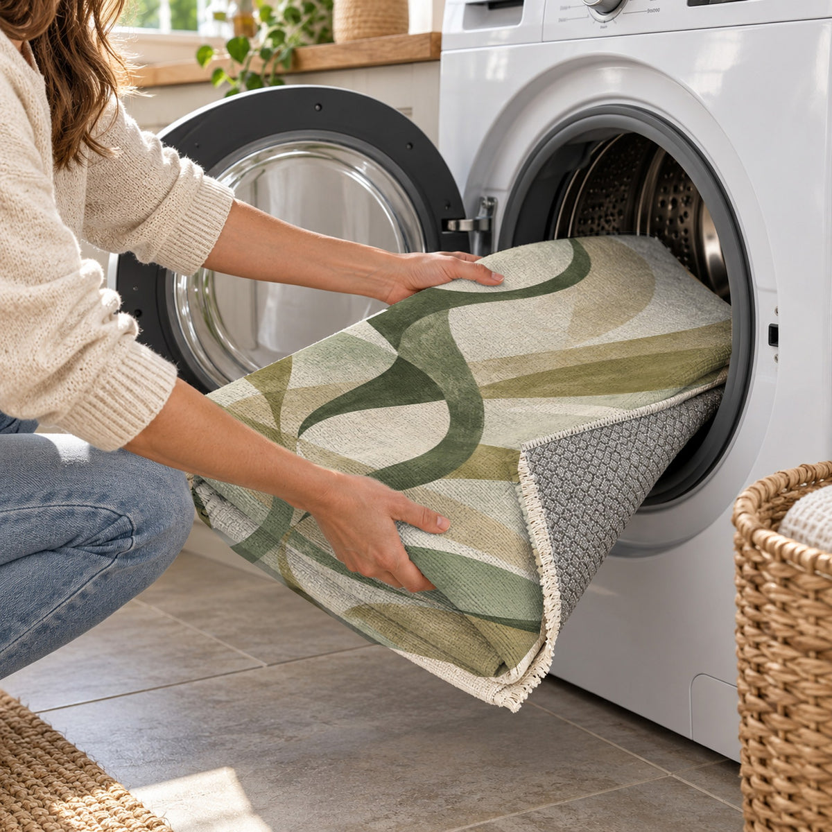 Dancing Lines Sage Abstract Washable Rug — washing machine