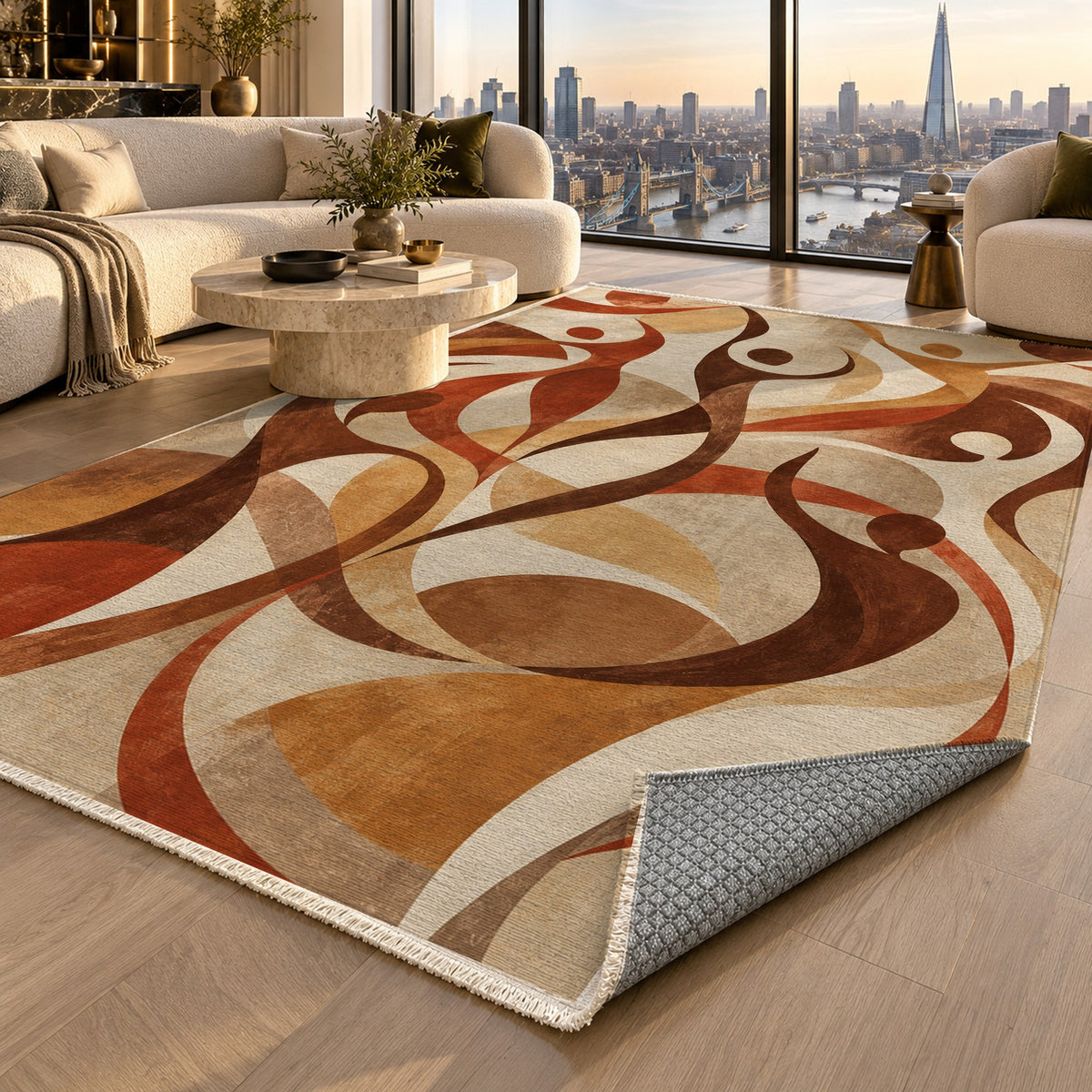 Dancing Lines Terracotta Abstract Washable Rug — london luxury living