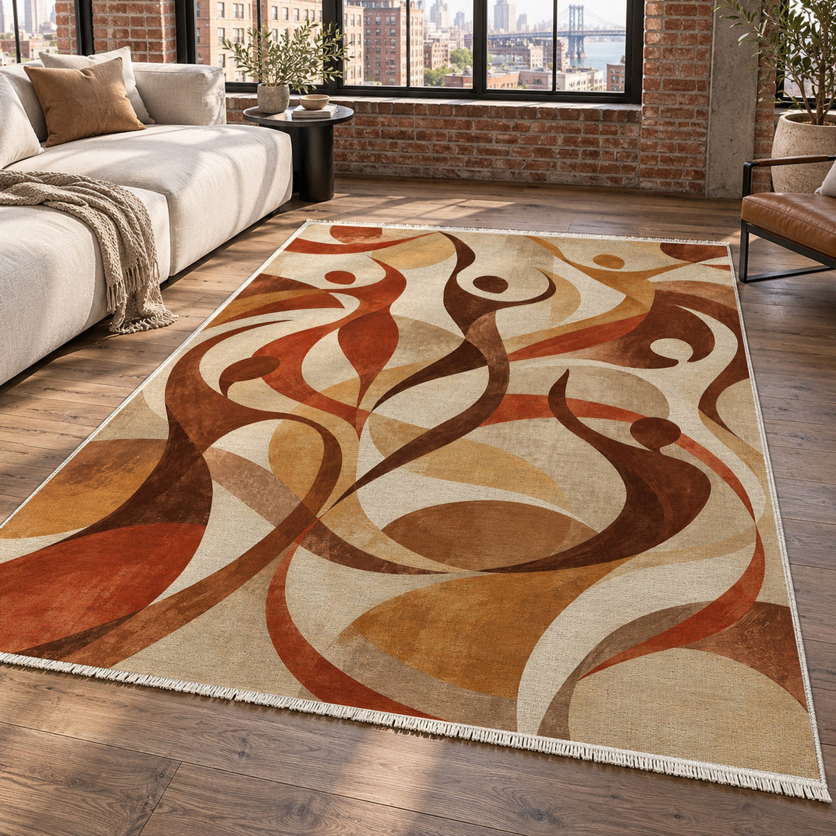 Dancing Lines Terracotta Abstract Washable Rug — new york living