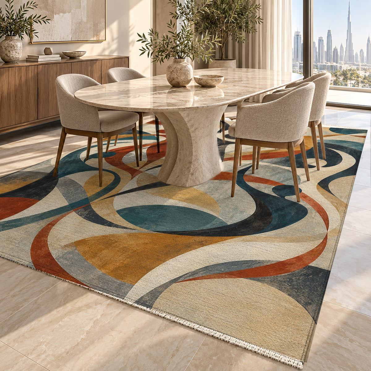Dancing Lines Abstract Washable Rug — dubai dining
