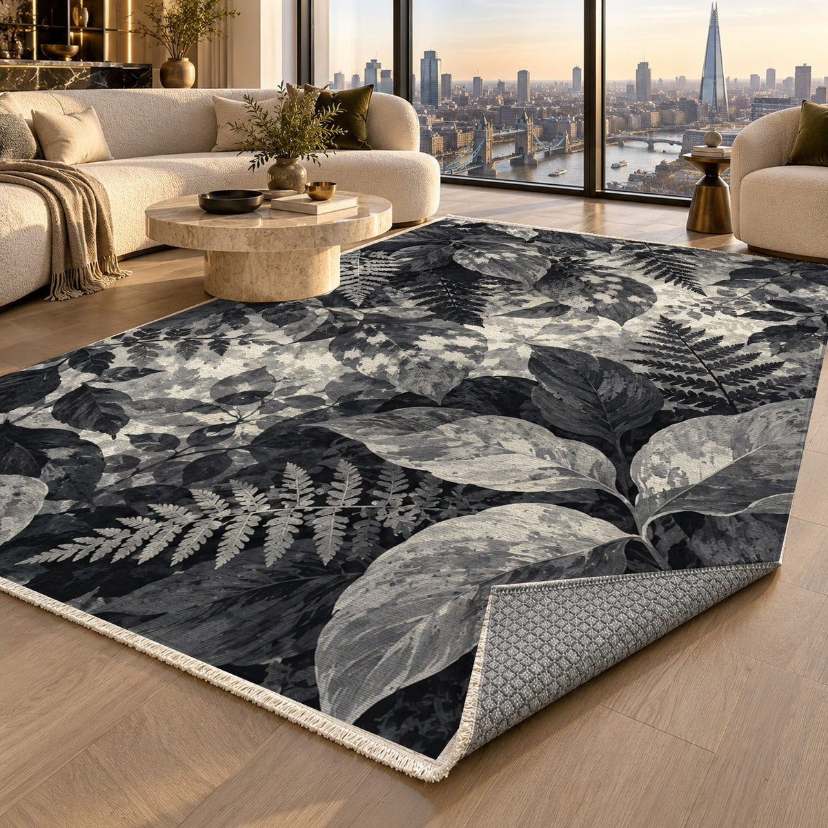 Dappled Canopy Charcoal Floral Washable Rug — london luxury living