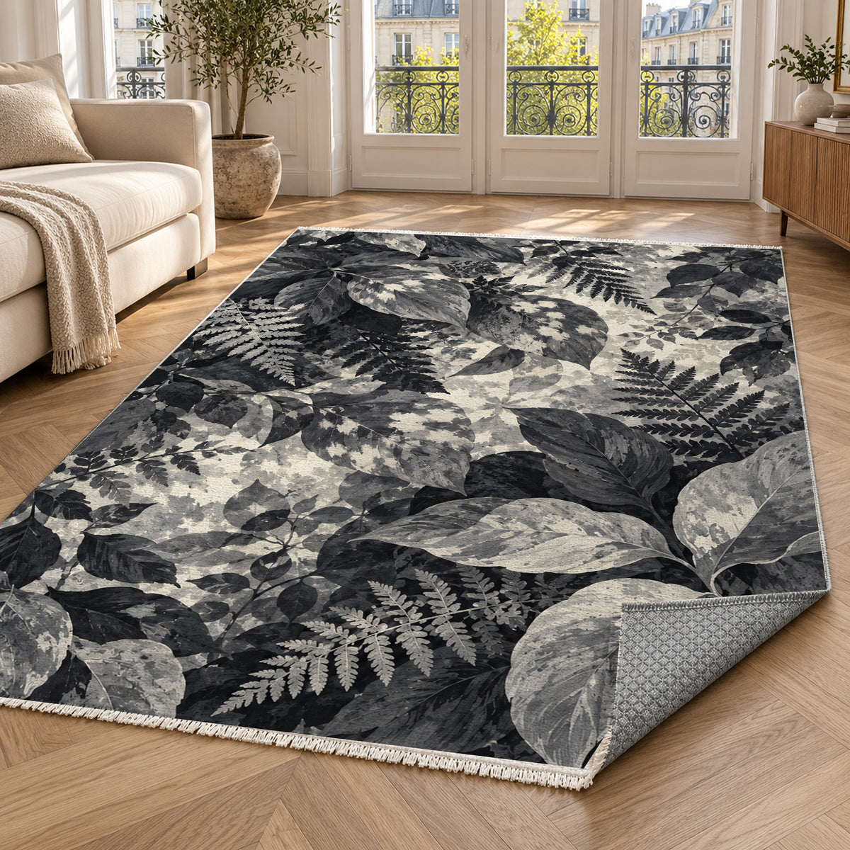Dappled Canopy Charcoal Floral Washable Rug — paris living