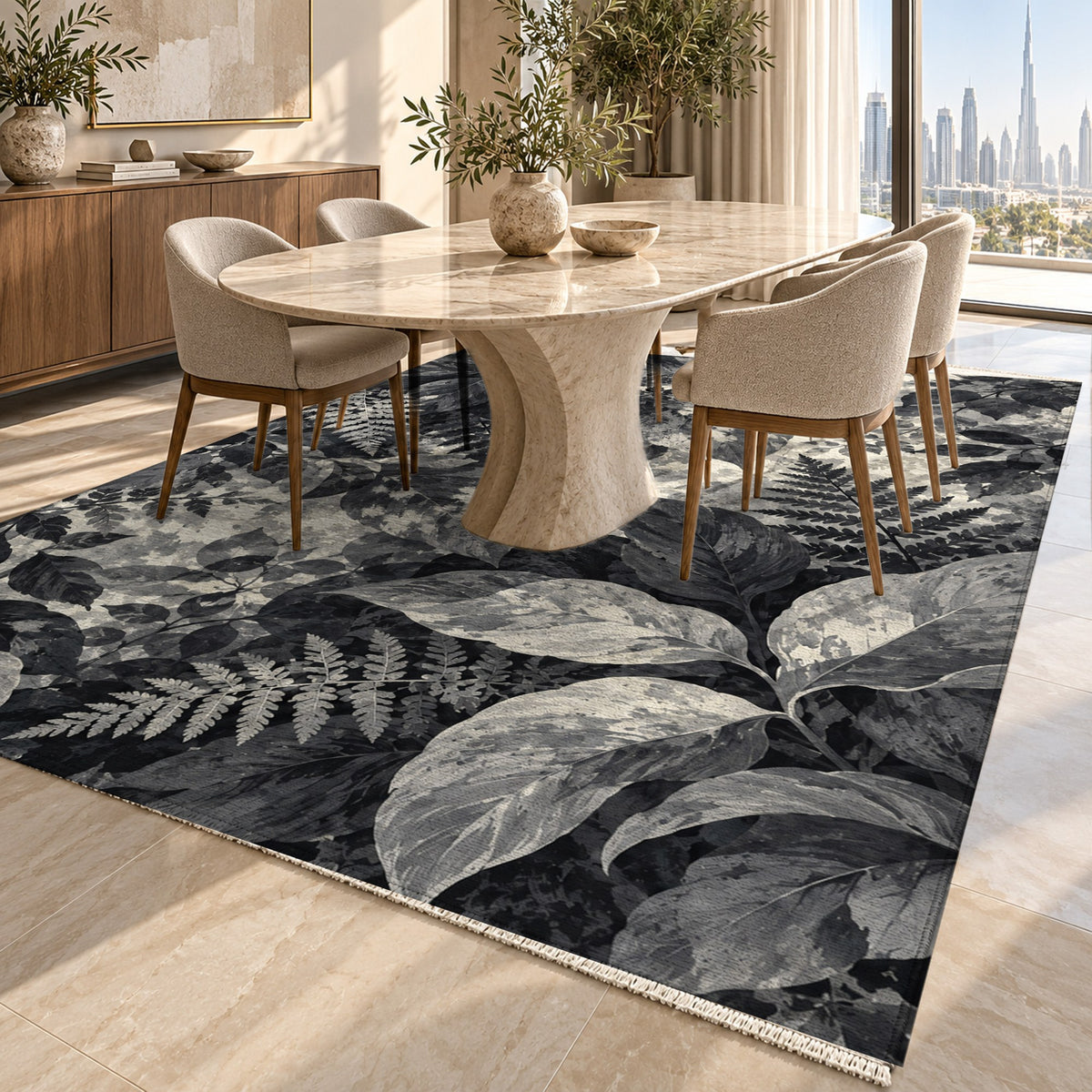 Dappled Canopy Charcoal Floral Washable Rug — dubai dining
