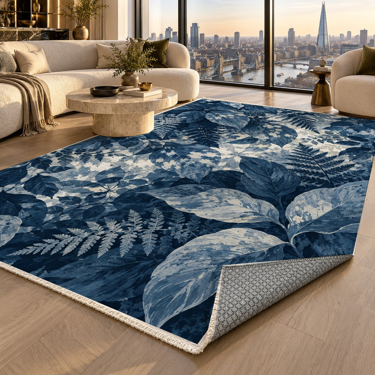 Dappled Canopy Indigo Floral Washable Rug — london luxury living