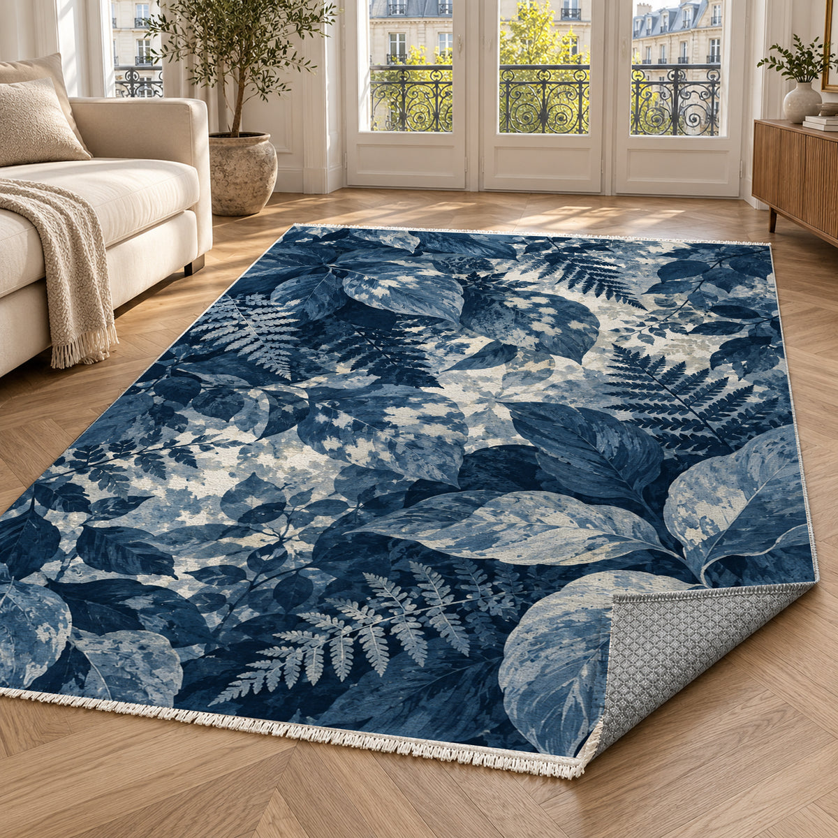 Dappled Canopy Indigo Floral Washable Rug — paris living