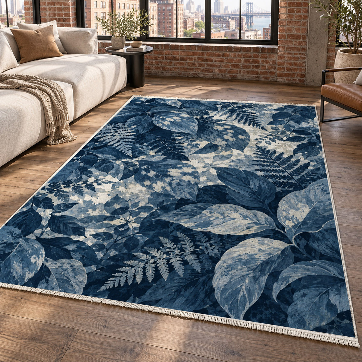 Dappled Canopy Indigo Floral Washable Rug — new york living