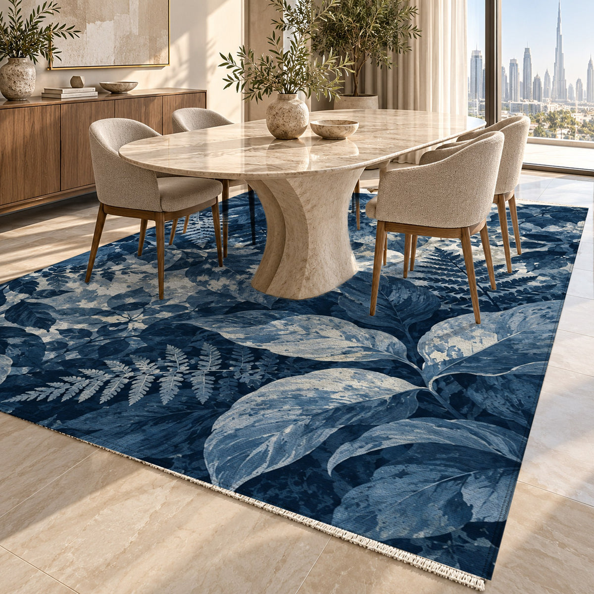 Dappled Canopy Indigo Floral Washable Rug — dubai dining