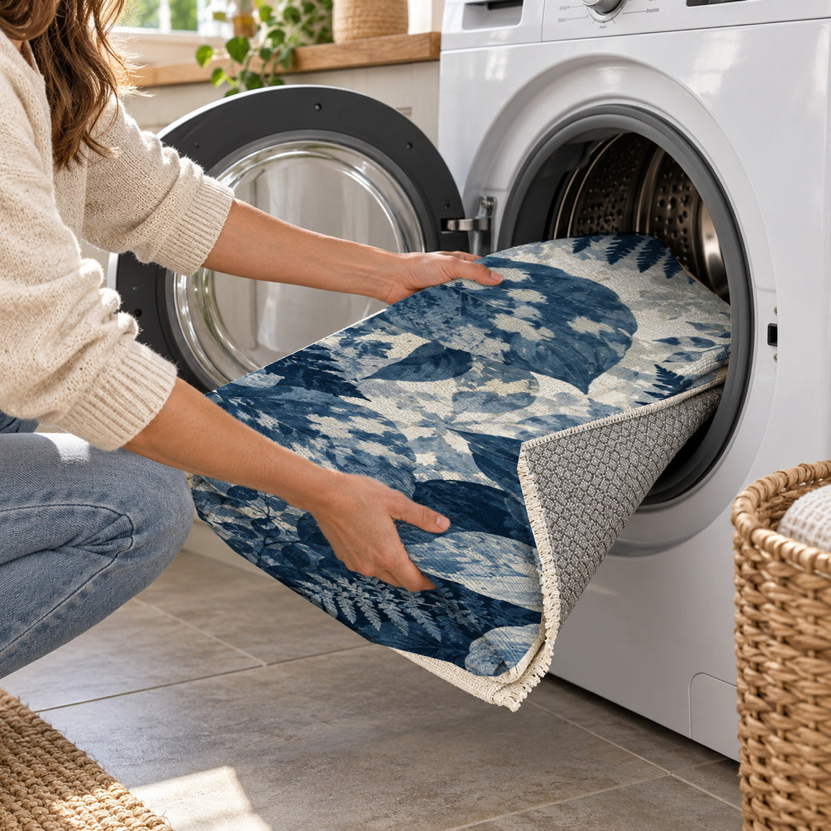 Dappled Canopy Indigo Floral Washable Rug — washing machine