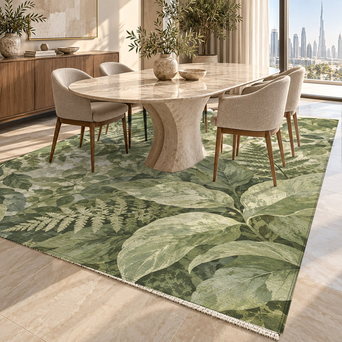 Dappled Canopy Sage Floral Washable Rug — dubai dining