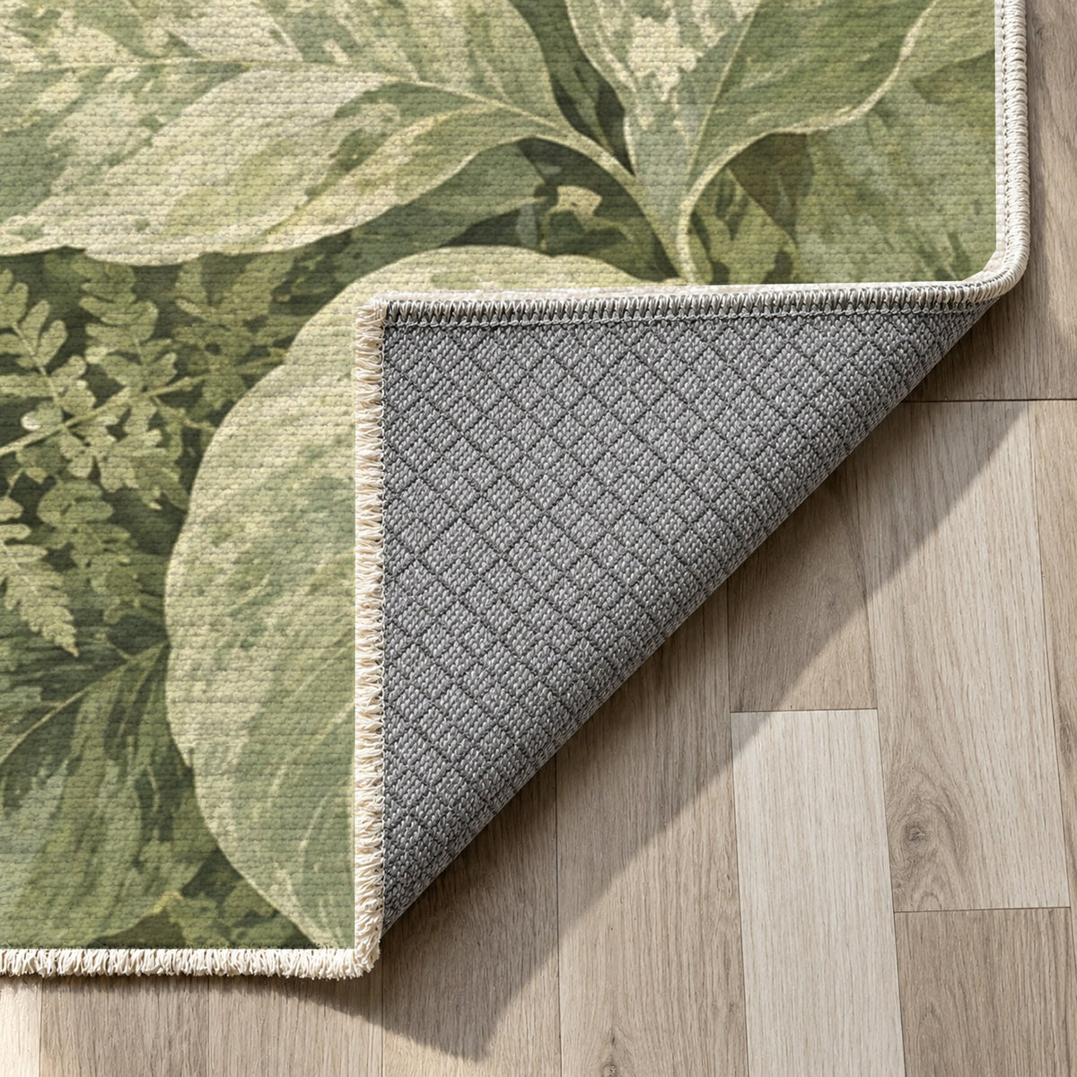 Dappled Canopy Sage Floral Washable Rug — backing close up