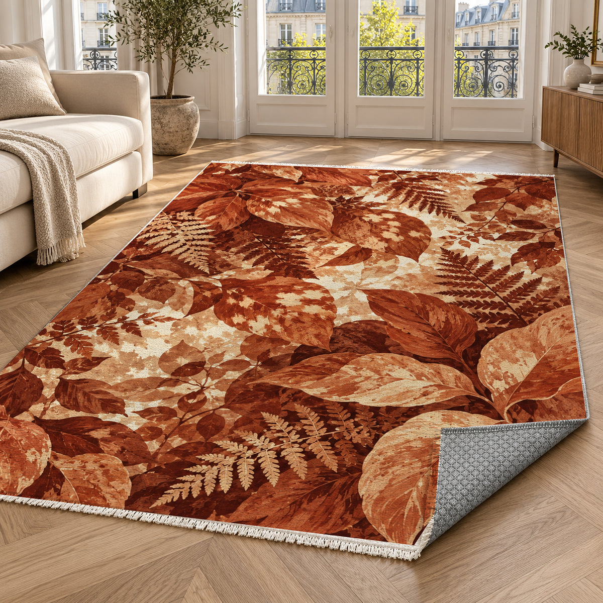 Dappled Canopy Terracotta Floral Washable Rug — paris living