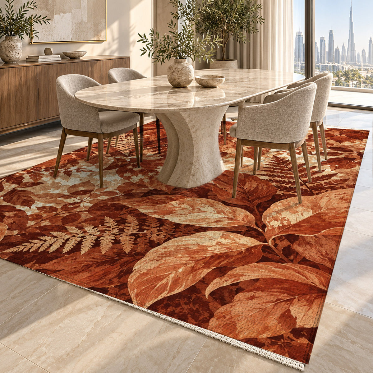 Dappled Canopy Terracotta Floral Washable Rug — dubai dining