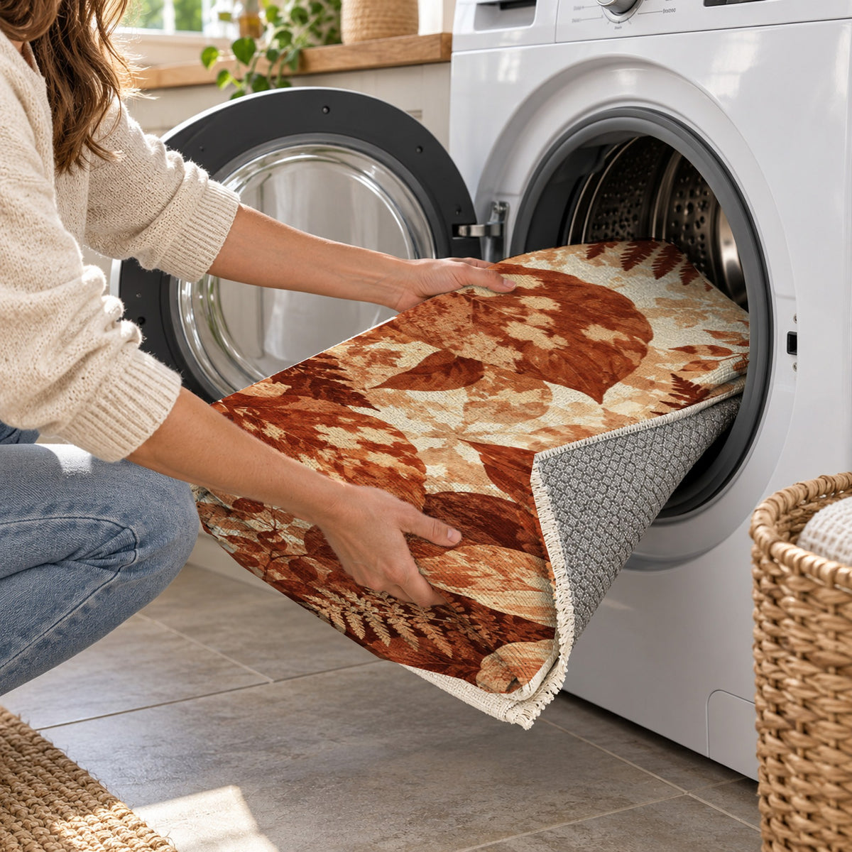 Dappled Canopy Terracotta Floral Washable Rug — washing machine
