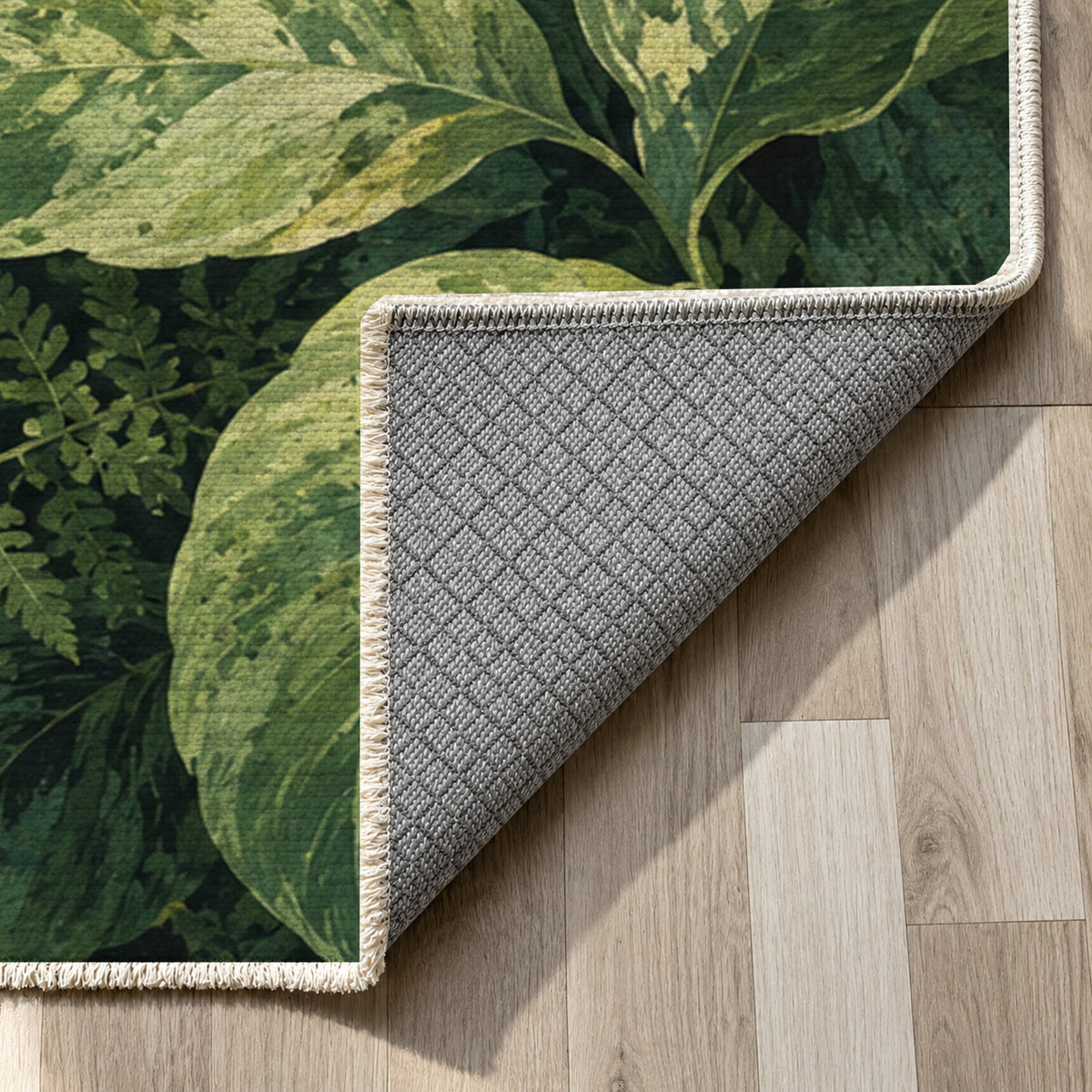 Dappled Canopy Floral Washable Rug — backing close up