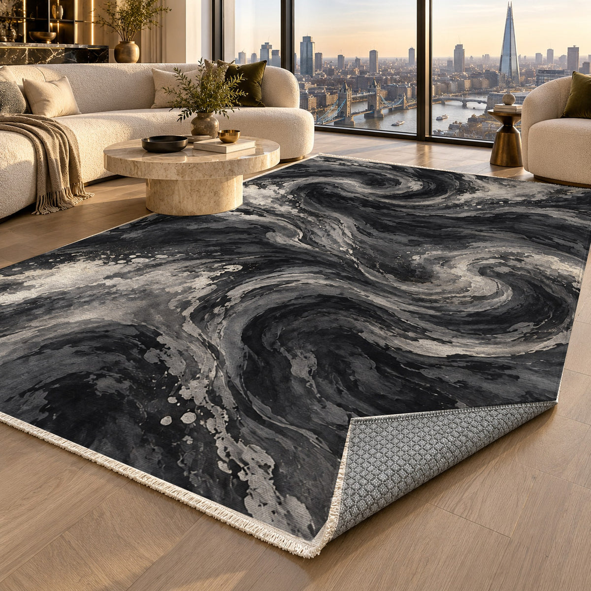 Deep Blue Charcoal Abstract Washable Rug — london luxury living