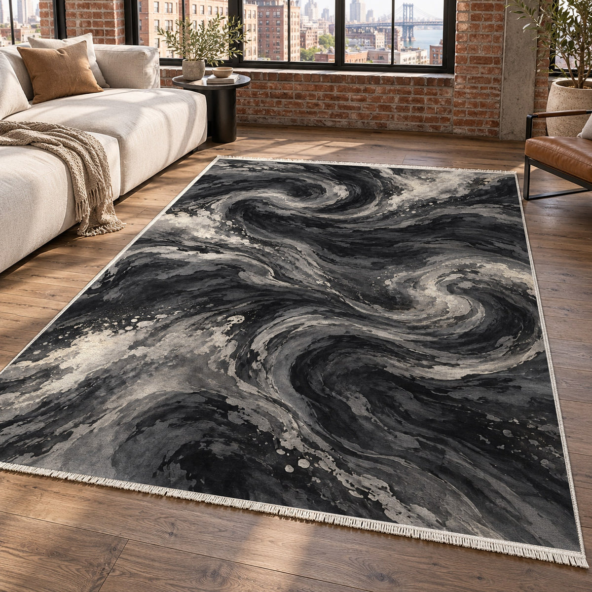 Deep Blue Charcoal Abstract Washable Rug — new york living