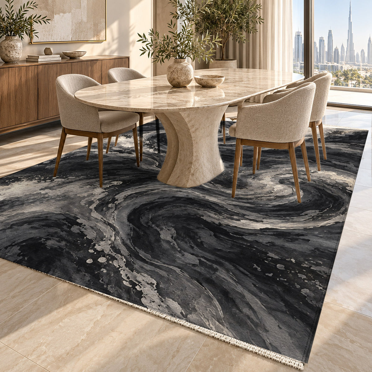 Deep Blue Charcoal Abstract Washable Rug — dubai dining