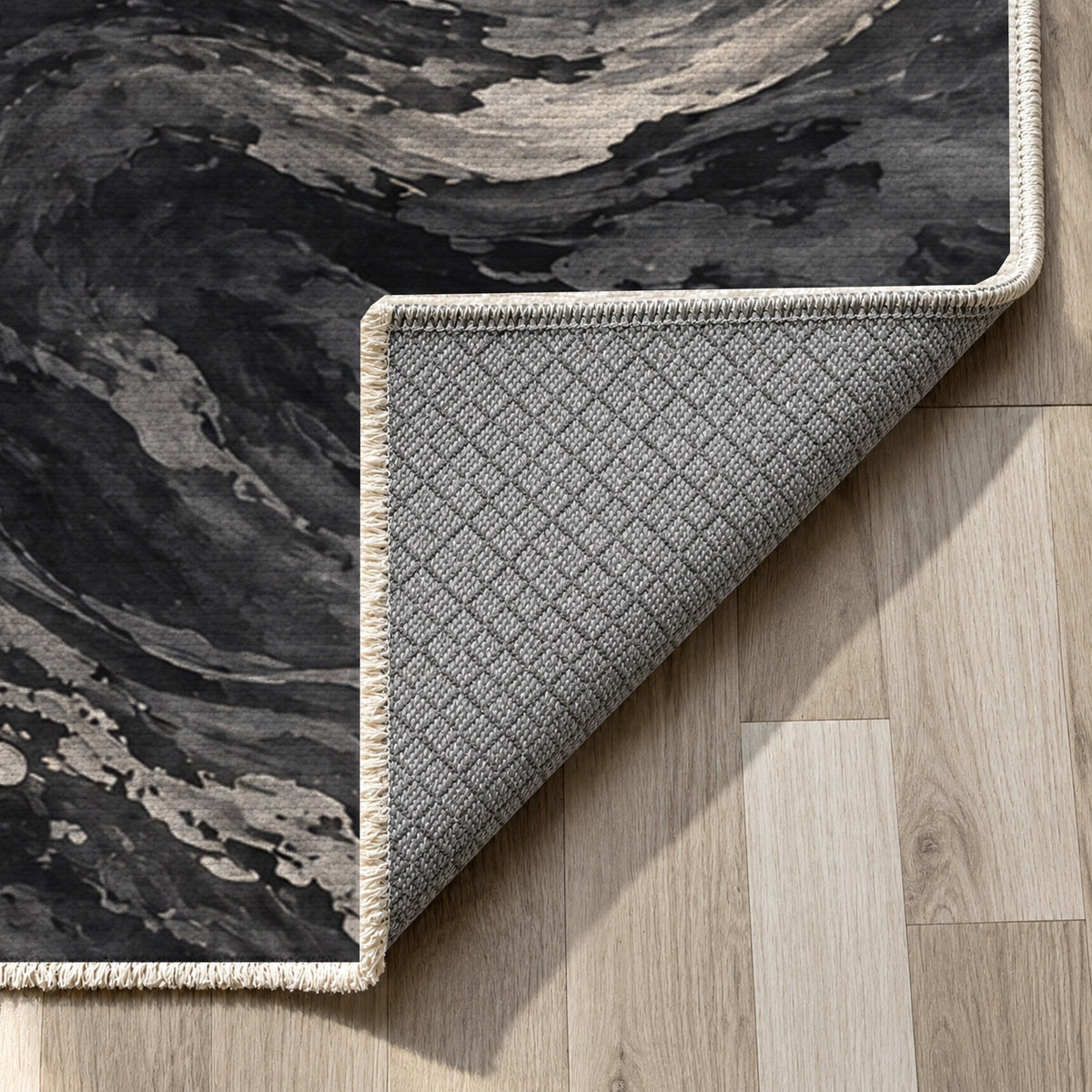 Deep Blue Charcoal Abstract Washable Rug — backing close up