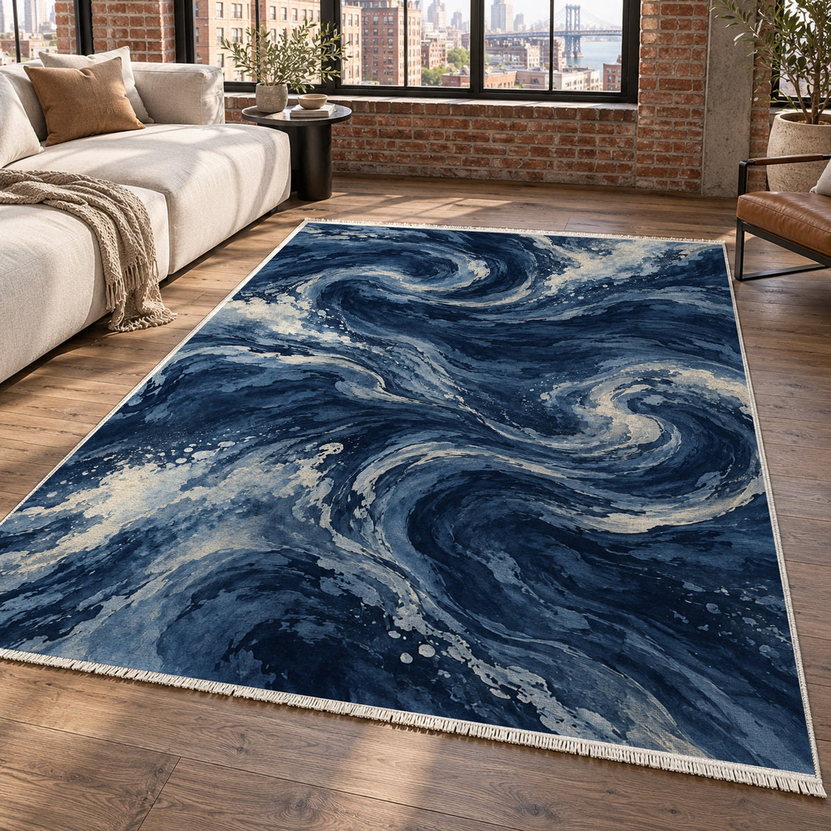 Deep Blue Indigo Abstract Washable Rug — new york living