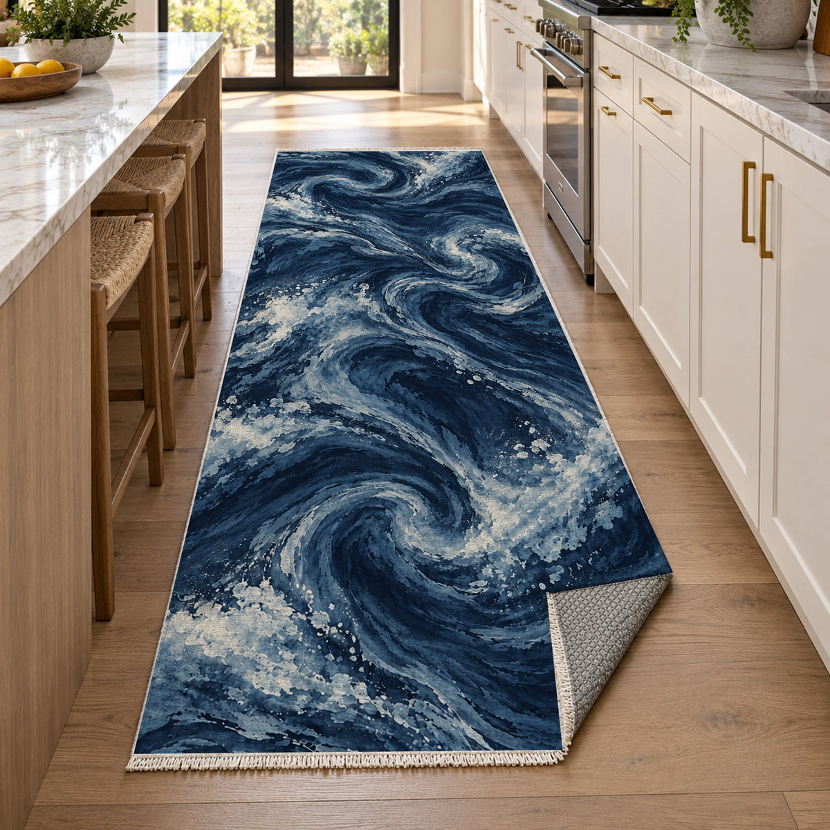 Deep Blue Indigo Abstract Washable Rug — new york kitchen runner