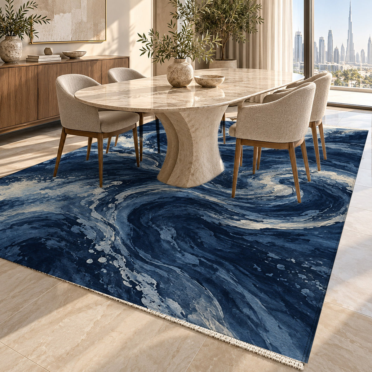 Deep Blue Indigo Abstract Washable Rug — dubai dining