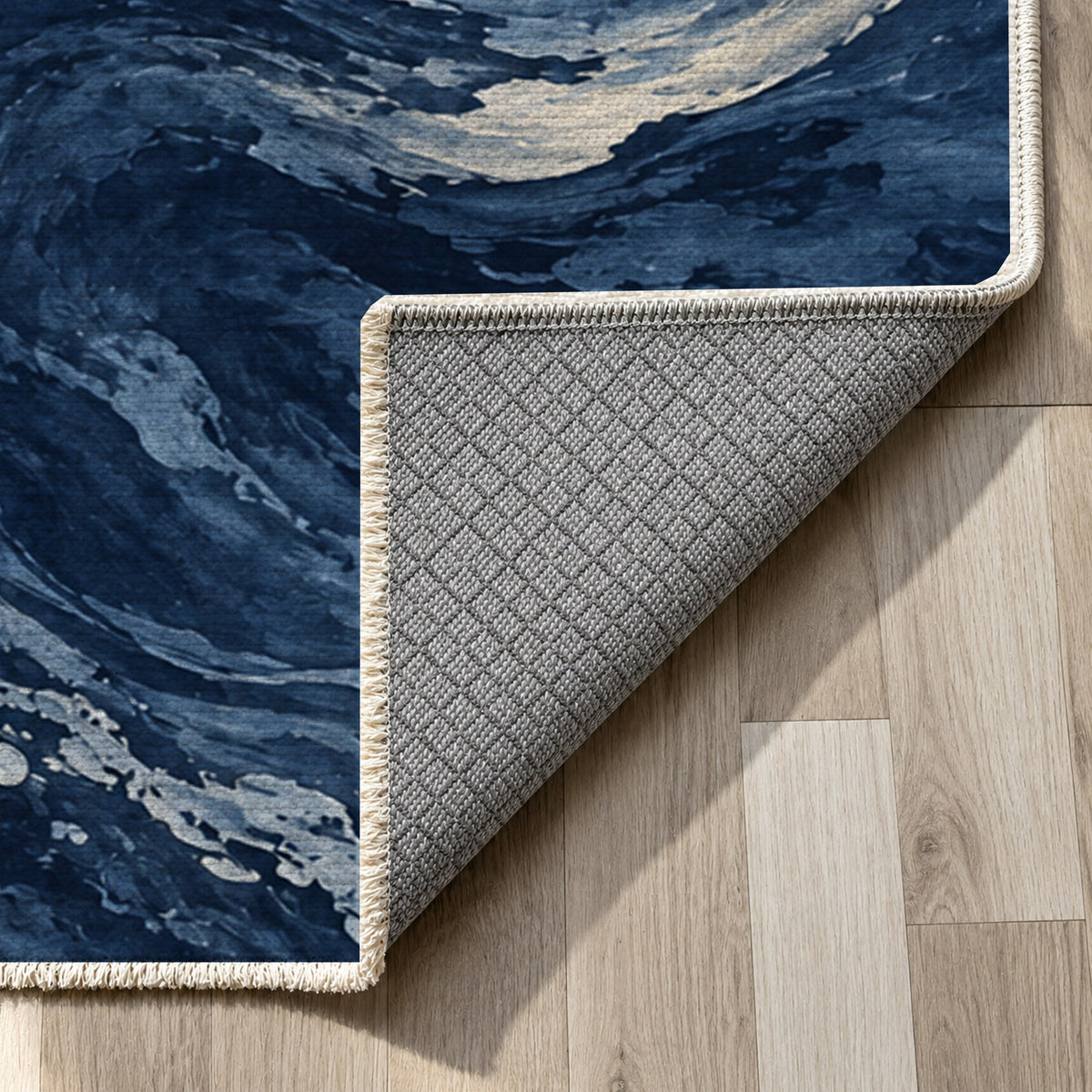 Deep Blue Indigo Abstract Washable Rug — backing close up