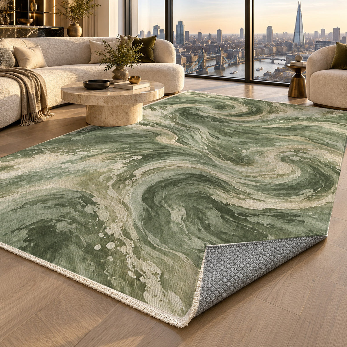 Deep Blue Sage Abstract Washable Rug — london luxury living