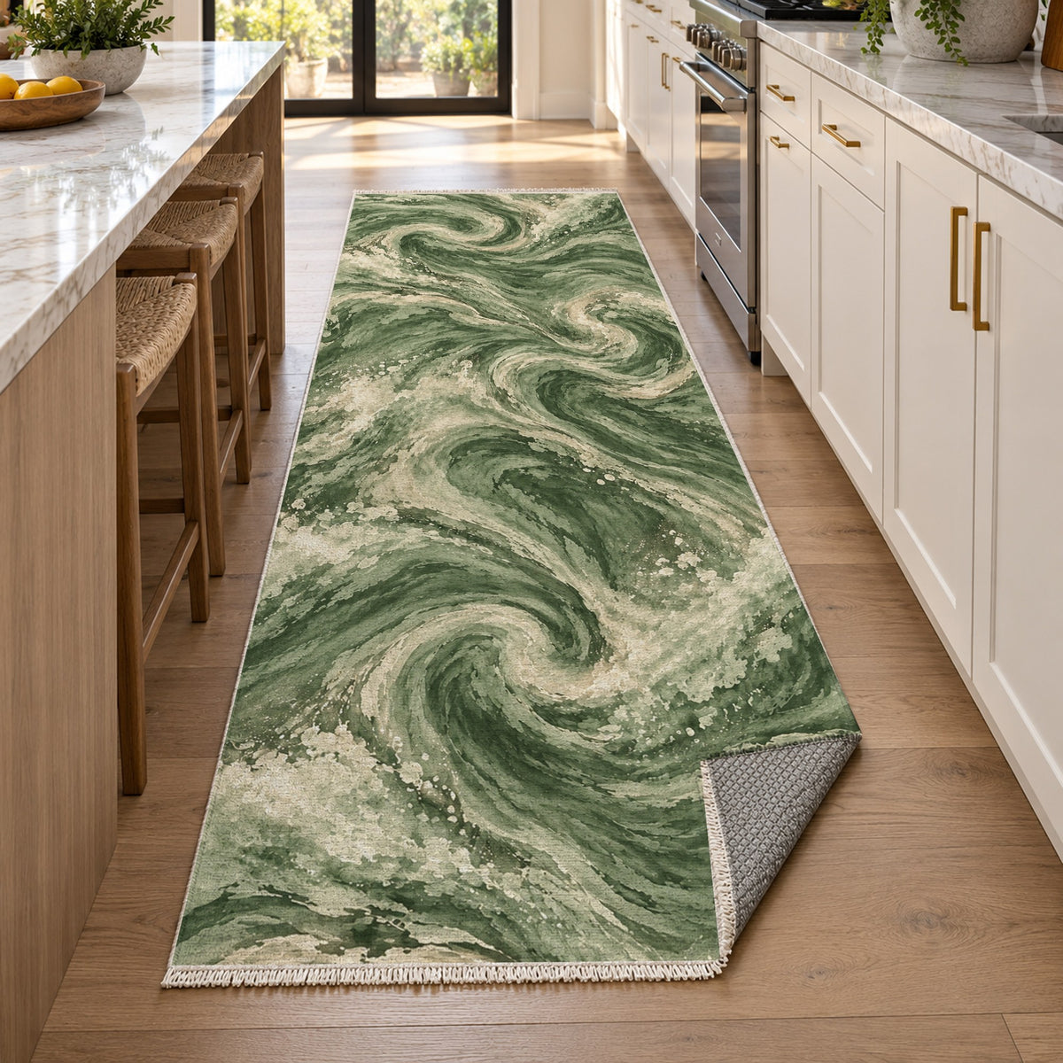 Deep Blue Sage Abstract Washable Rug — new york kitchen runner