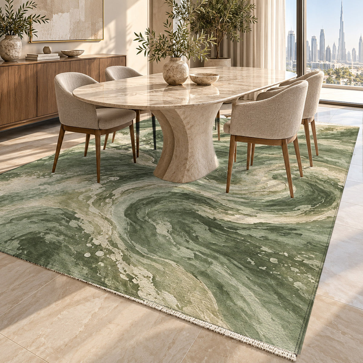 Deep Blue Sage Abstract Washable Rug — dubai dining