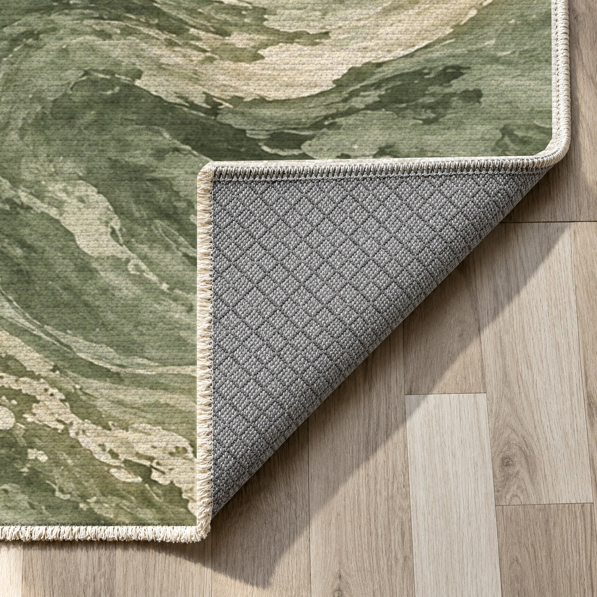 Deep Blue Sage Abstract Washable Rug — backing close up