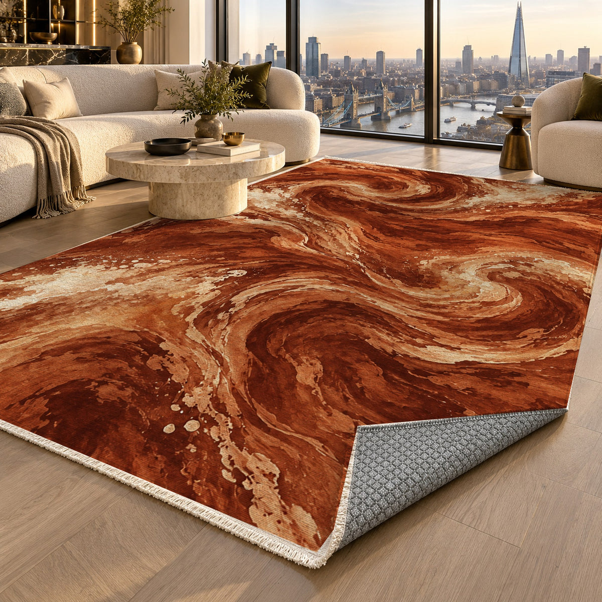 Deep Blue Terracotta Abstract Washable Rug — london luxury living