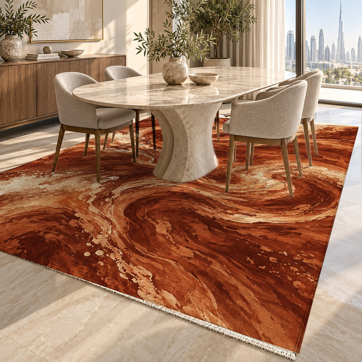 Deep Blue Terracotta Abstract Washable Rug — dubai dining