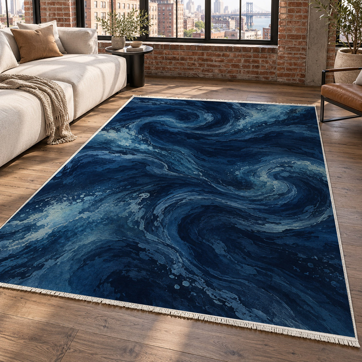 Deep Blue Abstract Washable Rug — new york living