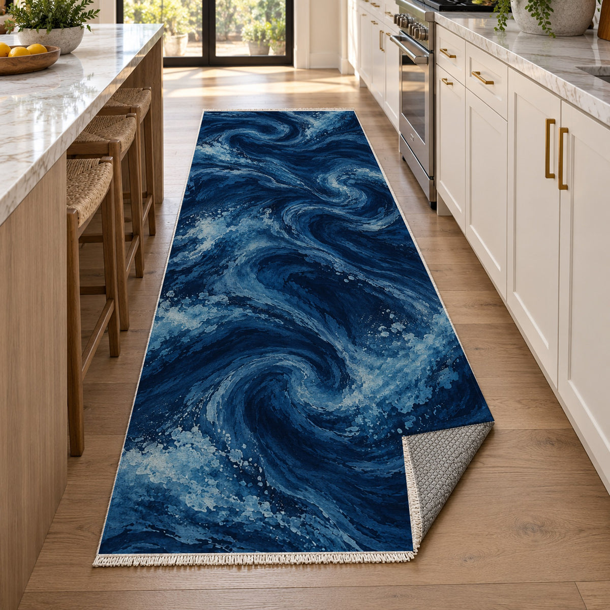 Deep Blue Abstract Washable Rug — new york kitchen runner