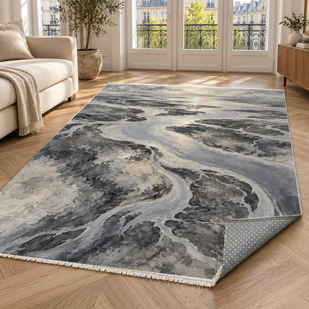 Delta At Dawn Charcoal Abstract Washable Rug — paris living