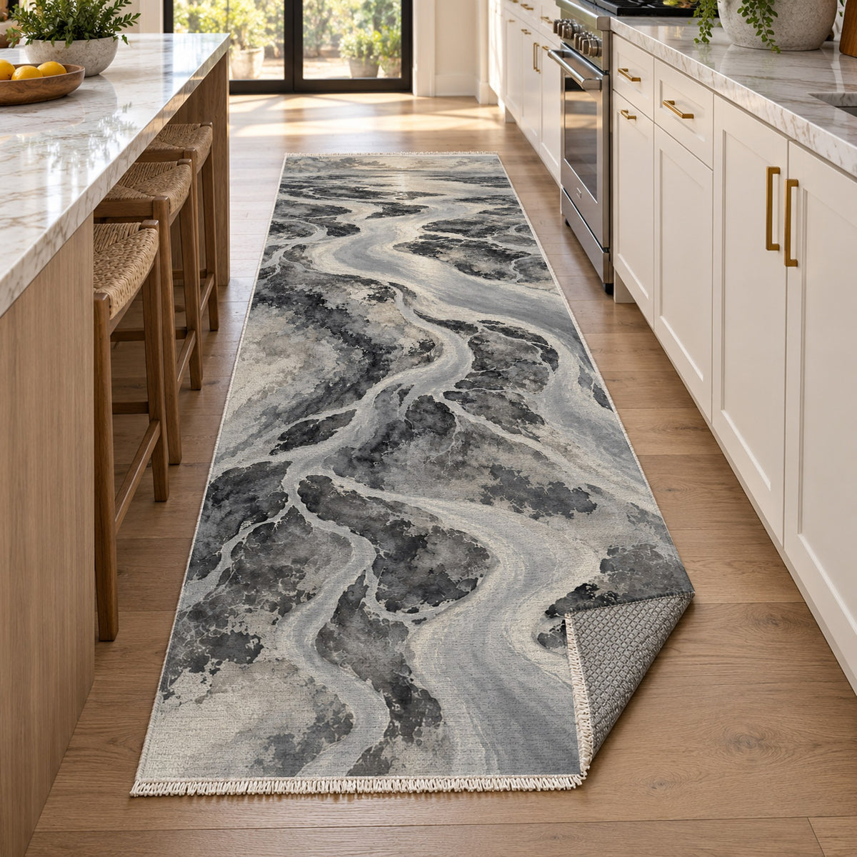 Delta At Dawn Charcoal Abstract Washable Rug — new york kitchen runner