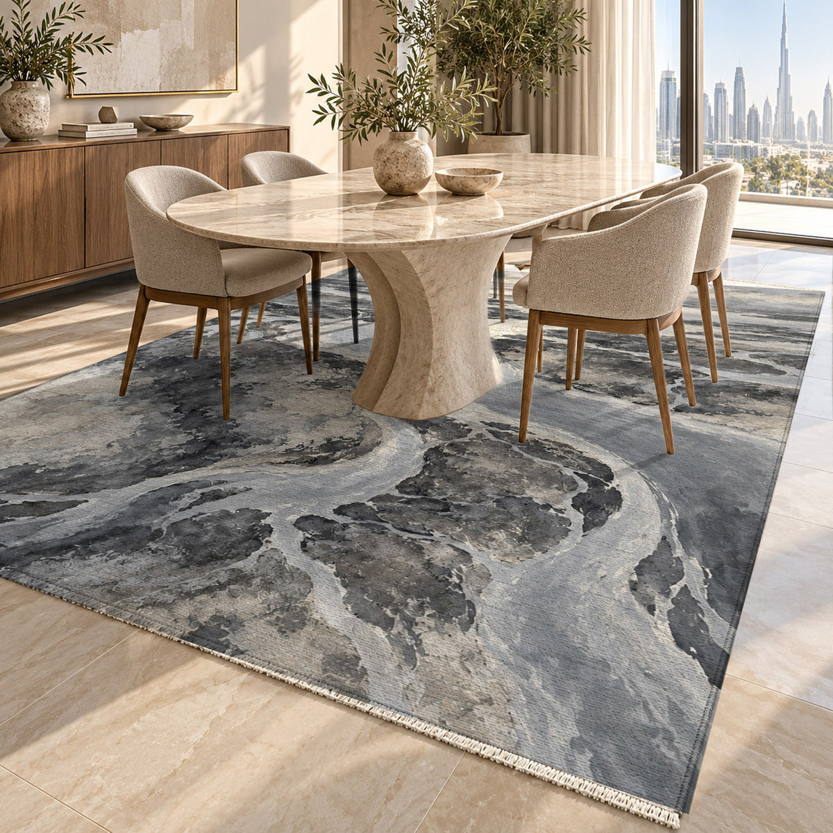 Delta At Dawn Charcoal Abstract Washable Rug — dubai dining