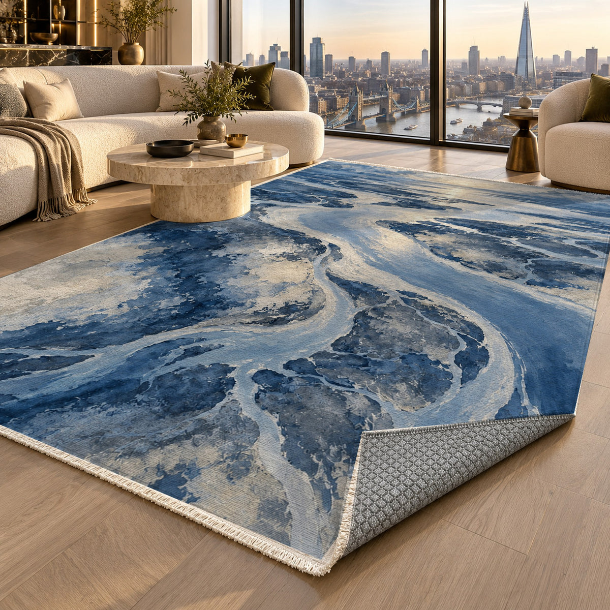 Delta At Dawn Indigo Abstract Washable Rug — london luxury living