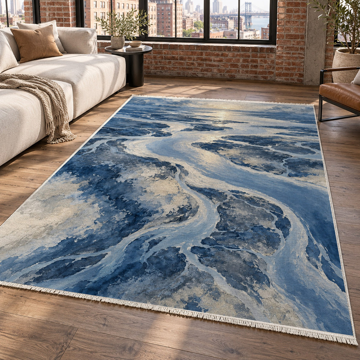 Delta At Dawn Indigo Abstract Washable Rug — new york living