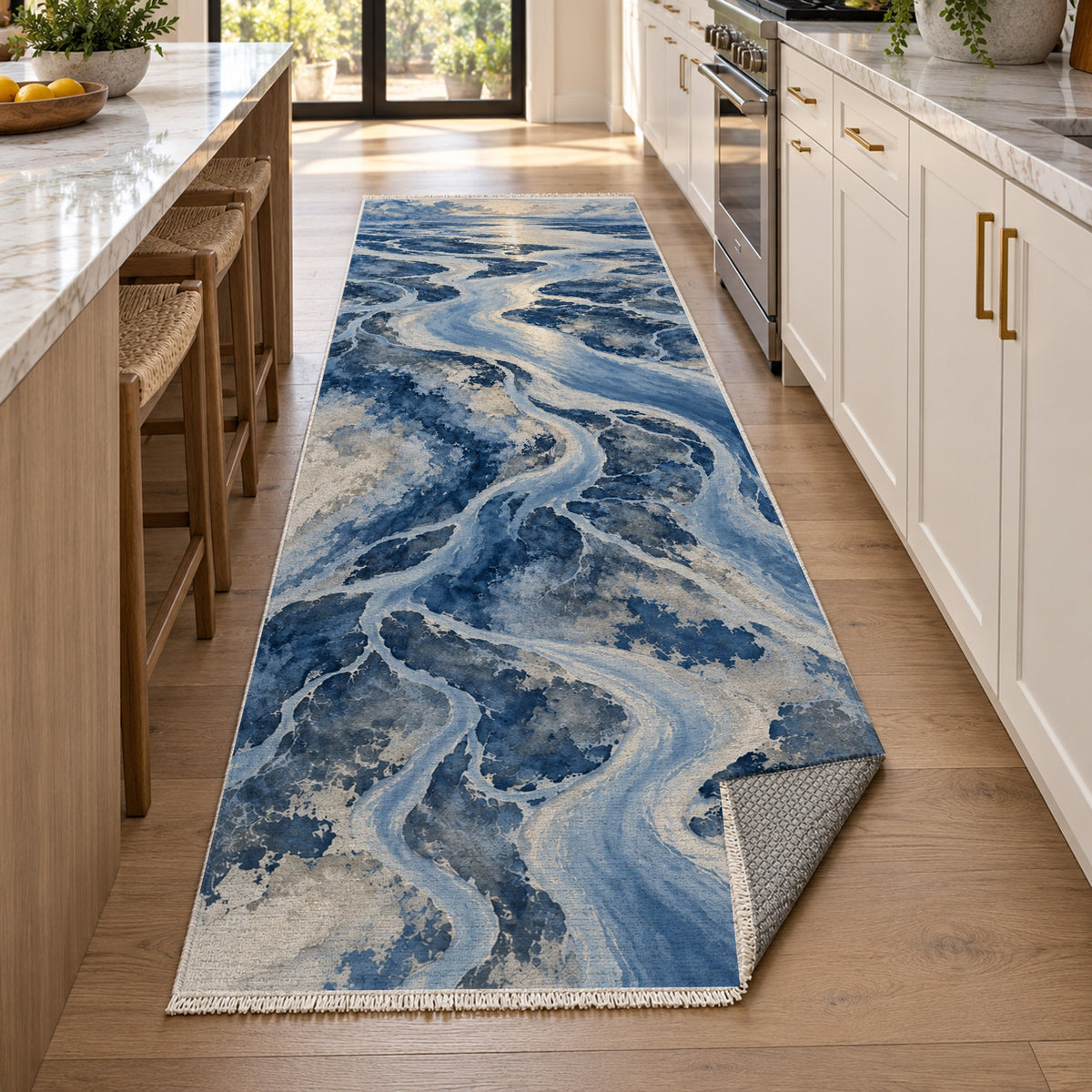 Delta At Dawn Indigo Abstract Washable Rug — new york kitchen runner