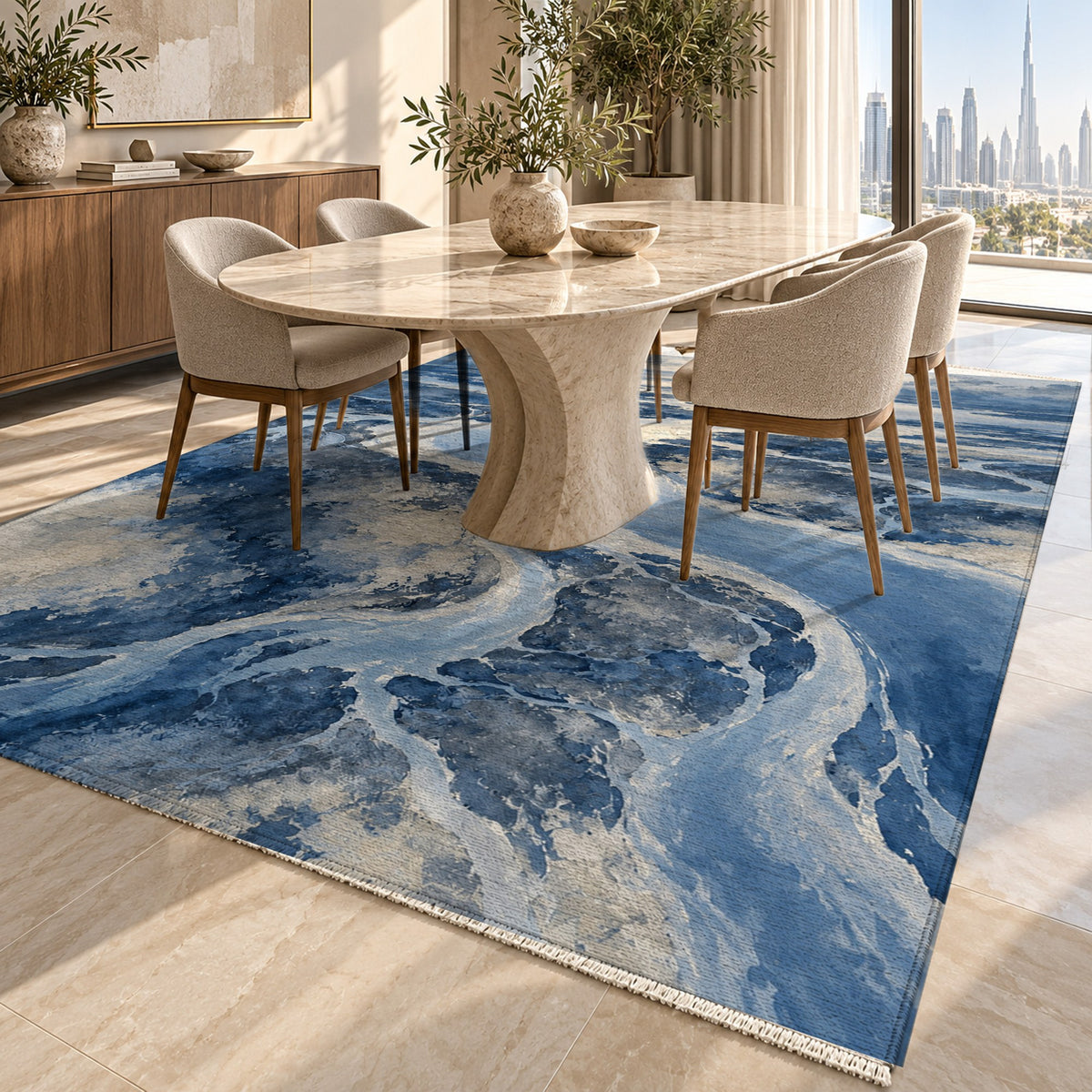 Delta At Dawn Indigo Abstract Washable Rug — dubai dining