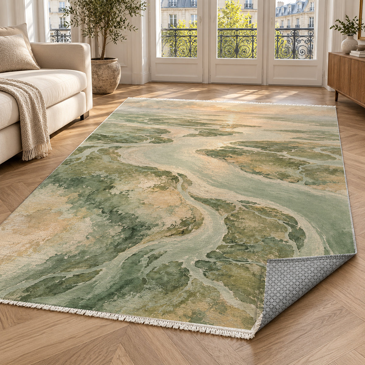 Delta At Dawn Sage Abstract Washable Rug — paris living
