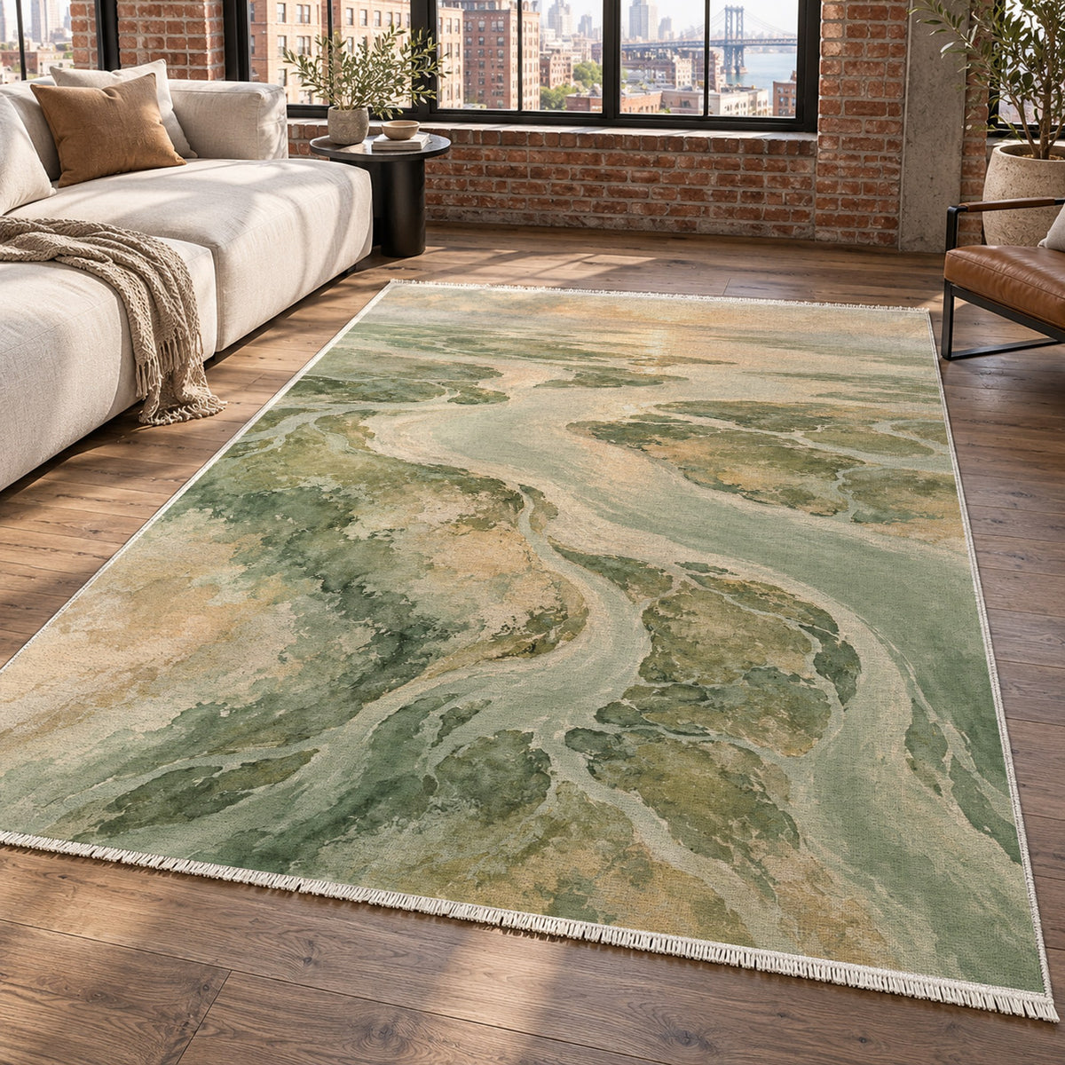 Delta At Dawn Sage Abstract Washable Rug — new york living